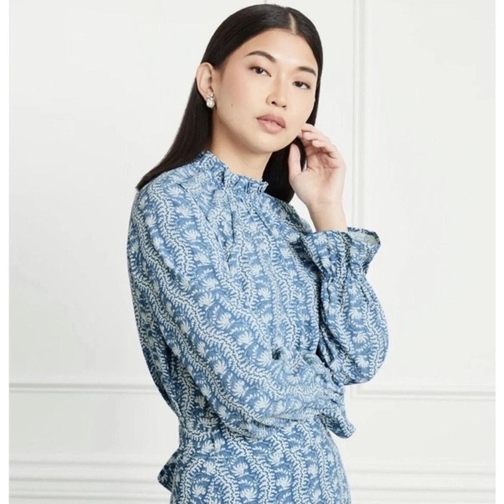 Hill House The Millie Top Blouse Trailing Vine Blue White Crepe